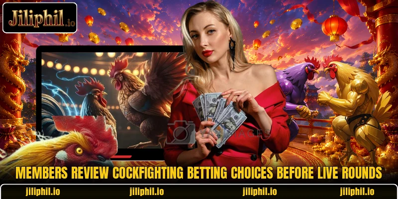 Members review cockfighting betting choices before live rounds